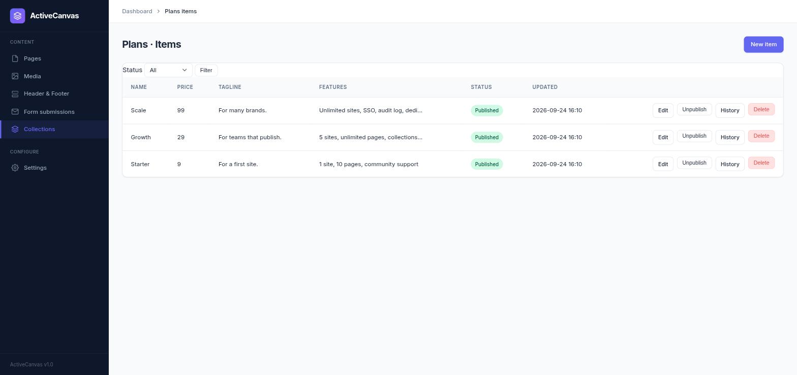 The Plans collection in the admin: three items with price and tagline columns, a published status badge, and edit, unpublish and history actions per row