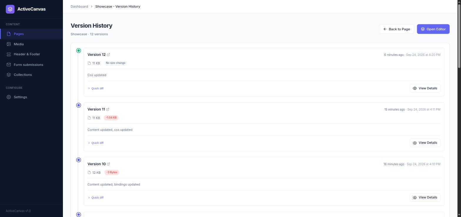 The version history of a page, twelve versions with size deltas, quick diff and view details actions