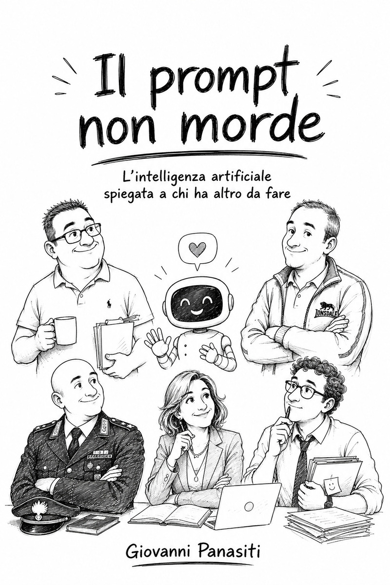 Copertina di Il prompt non morde: cinque professionisti disegnati a mano intorno a un piccolo robot sorridente