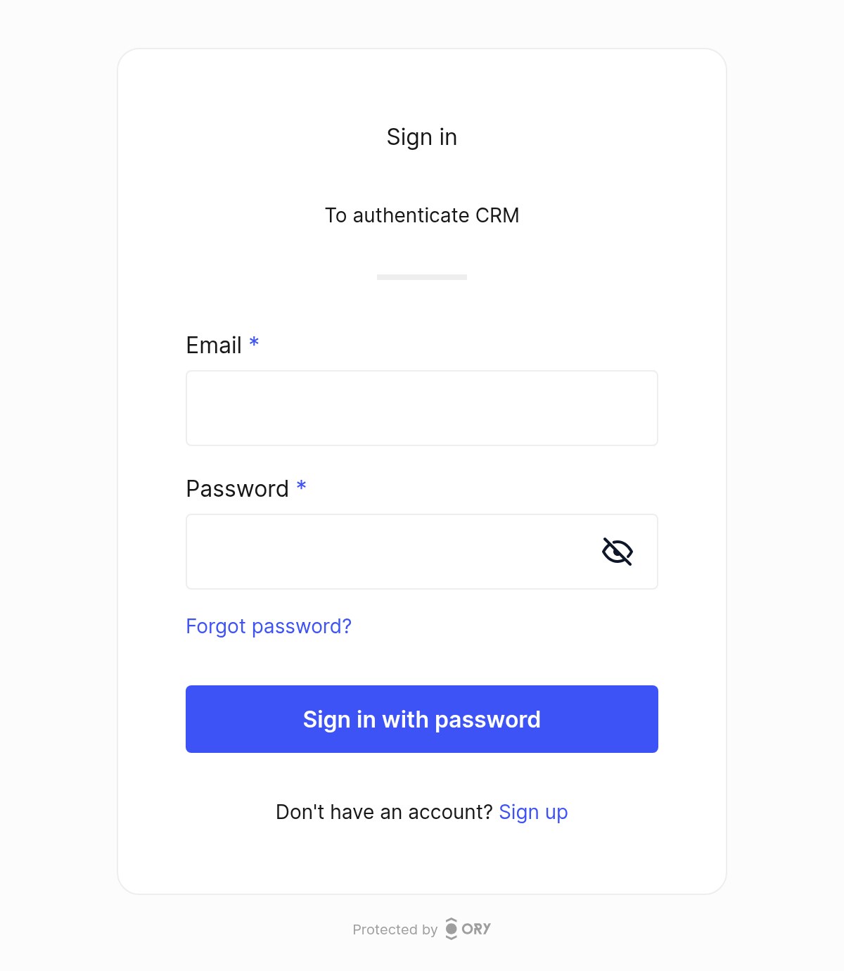 The Ory login page with the text To authenticate CRM, an email field, a password field, a Forgot password link and a Sign up link