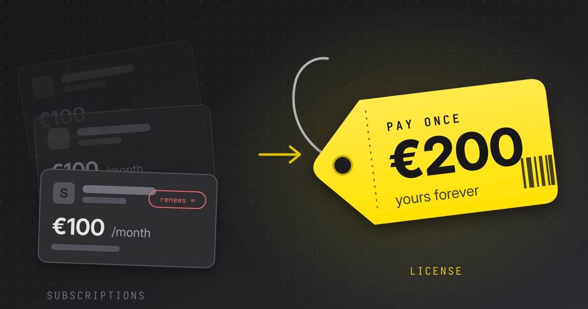Faded subscription invoices of 100 euros per month next to a bright yellow price tag saying pay once, 200 euros, yours forever
